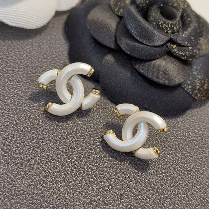 Double C White Stud Earrings